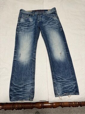 Rivet De Cru Andrew distressed 5pockets blue denim straight leg jeans 36 W 32 L